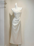 White Spaghetti Straps Sheath Satin Long Prom Dresses Formal Evening Gowns HZ1024