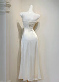 White Spaghetti Straps Sheath Satin Long Prom Dresses Formal Evening Gowns HZ1024