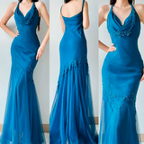 Blue Halter Mermaid Satin Tulle Prom Dresses Vintage Evening Gowns with Appliques HZ1024