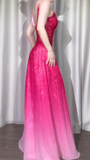 Gradient Pink Spaghetti Straps A-Line Chiffon Beading Long Prom Dresses Elegant Birthday Evening Gowns HZ1024
