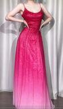 Gradient Pink Spaghetti Straps A-Line Chiffon Beading Long Prom Dresses Elegant Birthday Evening Gowns HZ1024