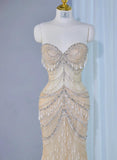 Light Champagne Sweetheart Mermaid Tulle Beading Long Prom Dresses Formal Evening Gowns HZ1024