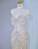 Light Champagne Sweetheart Mermaid Tulle Beading Long Prom Dresses Formal Evening Gowns HZ1024