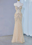 Light Champagne Sweetheart Mermaid Tulle Beading Long Prom Dresses Formal Evening Gowns HZ1024