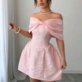 Pink Off-the-shoulder A-Line Jacquard Satin Short Evening Gowns Party Dresses HZ1024