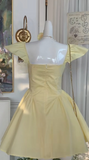 Butter Yellow Square Neck A-Line Short Birthday Party Dress Sweet Homecoming Dress HZ1024