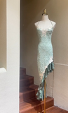 Green Spaghetti Straps Sheath Lace Chiffon Prom Dresses Elegant Wedding Guest Dresses HZ1024