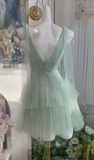 Light Green V-neck A-Line Layed Tulle Short Prom Dresses Sweet 16 Evening Gowns HZ1024