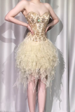 Gold Strapless A-Line Beaded Tulle Short Prom Dresses Gorgeous Homecoming Dresses HZ1024