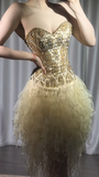 Gold Strapless A-Line Beaded Tulle Short Prom Dresses Gorgeous Homecoming Dresses HZ1024