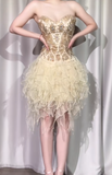 Gold Strapless A-Line Beaded Tulle Short Prom Dresses Gorgeous Homecoming Dresses HZ1024