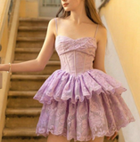 Purple Spaghetti Straps A-Line Lace Applique Short Birthday Evening Dress Princess-like Homecoming Dress HZ1024