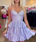 Purple Sweetheart Neck A-Line Sequins Satin Short Prom Dresses Gorgeous Homecoming Dresses HZ1024