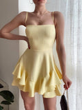 Butter Yellow Spaghetti Straps A-Line Chiffon Short Cocktail Party Dress HZ1024