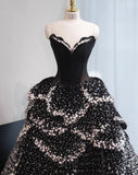 Black Strapless A-Line Velvet Beaded Long Evening Gown Elegant Wedding Dress HZ1024