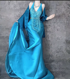 Blue Mermaid V Neck Satin Long Prom Dresses Formal Evening Dress with Open Back HZ1024