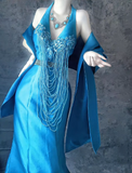 Blue Mermaid V Neck Satin Long Prom Dresses Formal Evening Dress with Open Back HZ1024