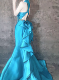 Blue Mermaid V Neck Satin Long Prom Dresses Formal Evening Dress with Open Back HZ1024