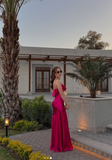 Strong Pink Spaghetti Straps Sheath Satin Long Prom Dresses Formal Evening Dresses with Slits HZ1024