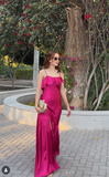 Strong Pink Spaghetti Straps Sheath Satin Long Prom Dresses Formal Evening Dresses with Slits HZ1024