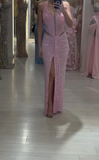Pink Halter Sheath Glitter Two-piece Prom Dresses Formal Elegant Evening Dresses with Slits HZ1024