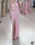 Pink Halter Sheath Glitter Two-piece Prom Dresses Formal Elegant Evening Dresses with Slits HZ1024
