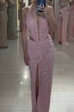 Pink Halter Sheath Glitter Two-piece Prom Dresses Formal Elegant Evening Dresses with Slits HZ1024
