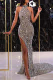 Silver Bodycon Sequins Long Prom Dresses Formal Evening Gowns with Slits HZ1024