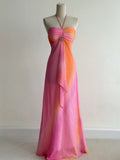 Pink/Orange Halter Neck Sheath Chiffon Long Prom Dresses Vintage Evening Dress HZ1024