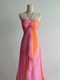 Pink/Orange Halter Neck Sheath Chiffon Long Prom Dresses Vintage Evening Dress HZ1024