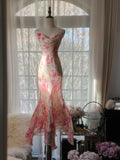Spaghetti Straps Printed Chiffon Mermaid Evening Gowns Backless Long Stunning Prom Dresses HZ1024