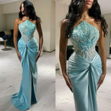 Blue Strapless Sheath Satin Beading Long Prom Dresses Formal Evening Gownsses HZ1024