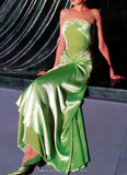 Green Strapless Sheath Satin Long Prom Dresses Formal Elegant Evening Gowns HZ1024