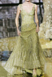 Green V-neck A-Line Tulle Sequins Long Prom Dresses Formal Evening Gowns with Beading HZ1024