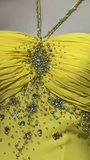 Yellow Halter Neck Sheath Chiffon Beaded Hi-Lo Prom Dresses Elegant Wedding Guest Dresses HZ1024