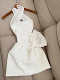 White Halter A-Line Satin Short Party Dresses with Bow HZ1024