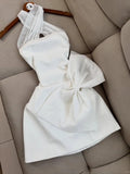 White Halter A-Line Satin Short Party Dresses with Bow HZ1024