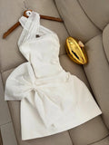 White Halter A-Line Satin Short Party Dresses with Bow HZ1024