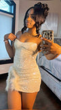 White Strapless Bodycon Sequined Short Party Dresses Homecoming Dress with Slits HZ1024