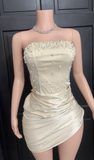Apricot Strapless Sheath Beaded Satin Short Party Dresses Elegant Homecoming Dresses HZ1024