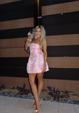 Pink Strapless A-Line Jacquard Satin Short Evening Gown Cocktail Party Dress HZ1024