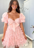 Pink Sweetheart Neck A-Line Tulle Applique Short Prom Dresses Sweet Homecoming Dress HZ1024