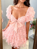 Pink Sweetheart Neck A-Line Tulle Applique Short Prom Dresses Sweet Homecoming Dress HZ1024
