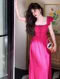Retro Red Square Neck Fly Sleeve Dress HZ1024
