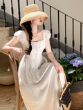 Retro Red Square Neck Fly Sleeve Dress HZ1024