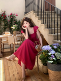 Retro Red Square Neck Fly Sleeve Dress HZ1024