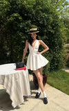 White V-neck A-line Satin Short Birthday Dress Pool Party Dress HZ1024