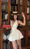 White V-neck A-line Satin Short Birthday Dress Pool Party Dress HZ1024