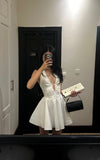 White V-neck A-line Satin Short Birthday Dress Pool Party Dress HZ1024