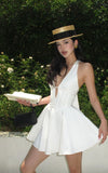 White V-neck A-line Satin Short Birthday Dress Pool Party Dress HZ1024
